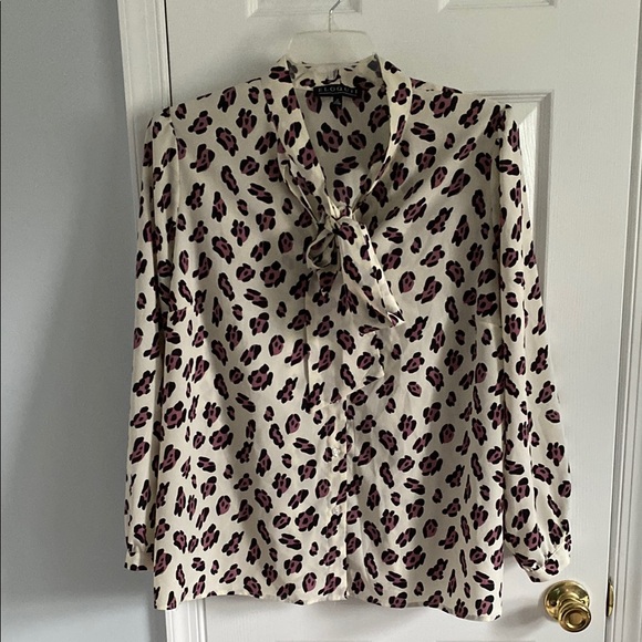 Eloquii Cream and Purple Leopard Print Tie Neck Button Down Career Blouse Sz 18 - Picture 1 of 7
